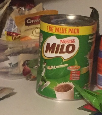 ミロの缶の横にいる鳥